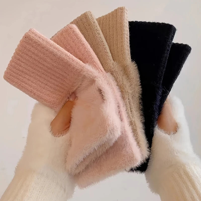 Winter soft mink fleece half-finger gloves