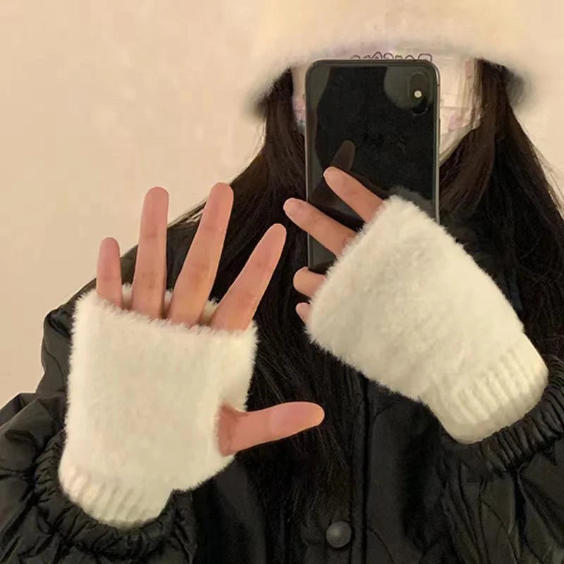 Winter soft mink fleece half-finger gloves