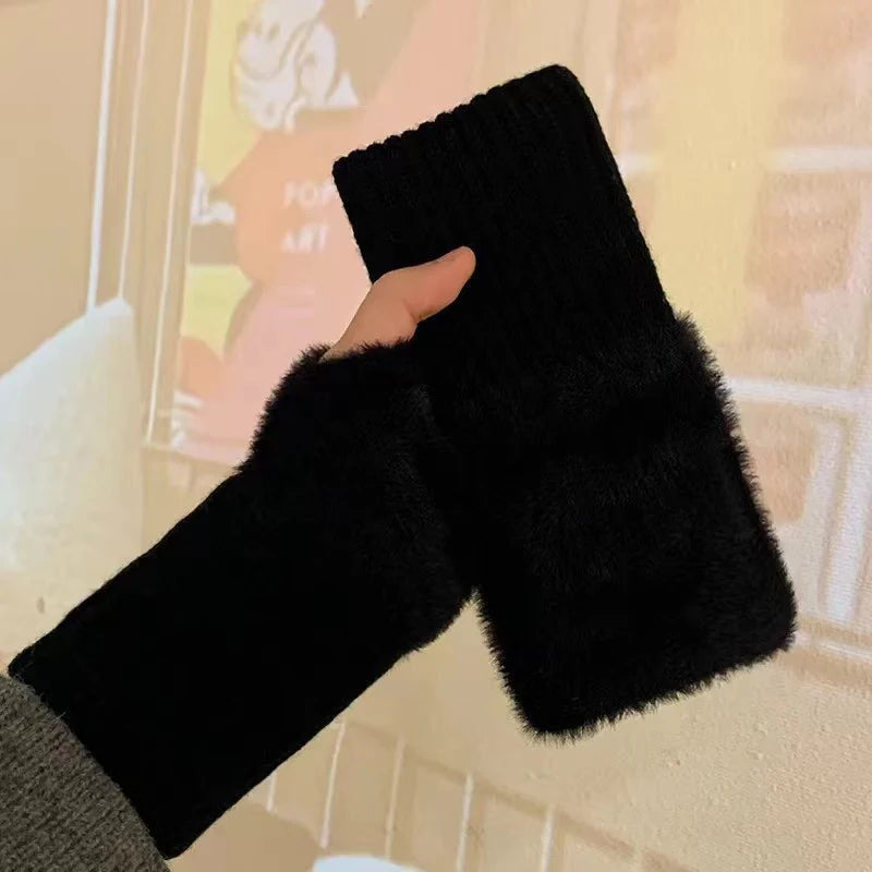 Winter soft mink fleece half-finger gloves