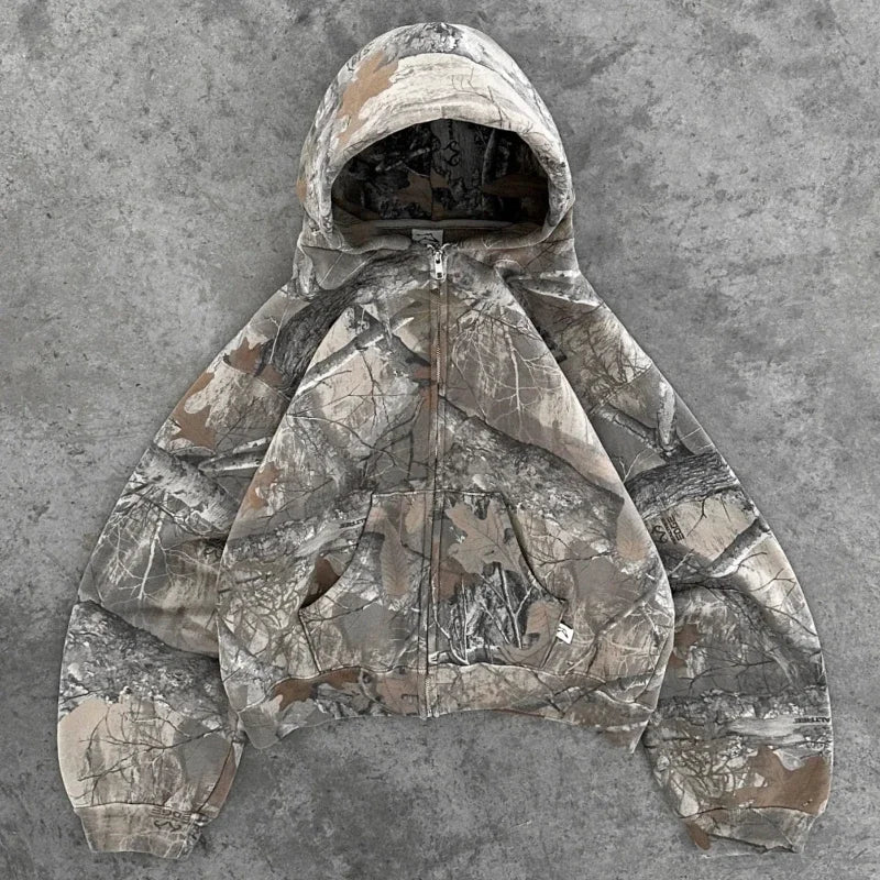 Y2K Retro Camo Hooded Zip Up