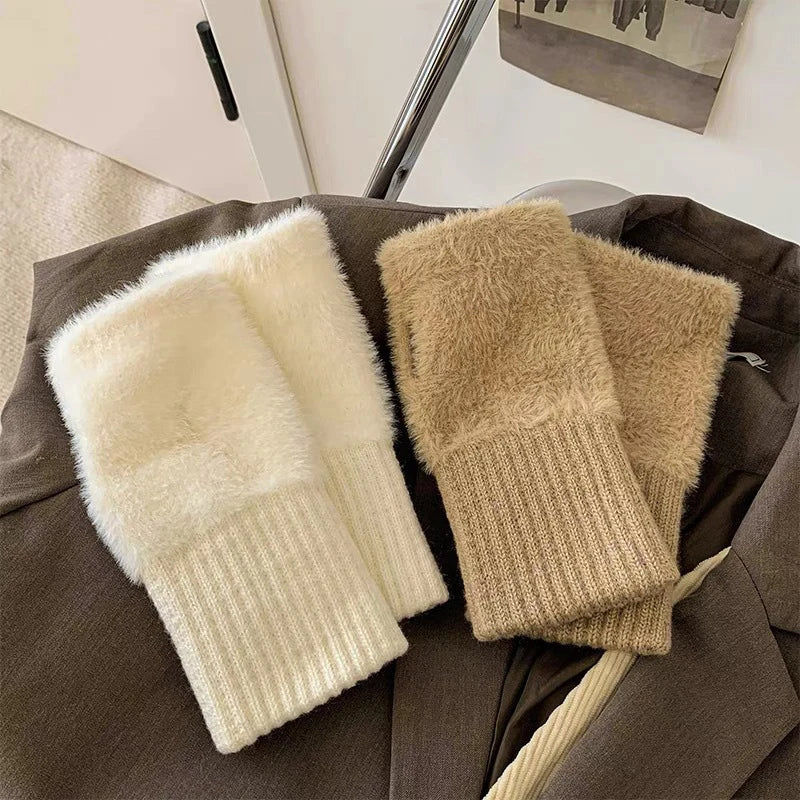 Winter soft mink fleece half-finger gloves