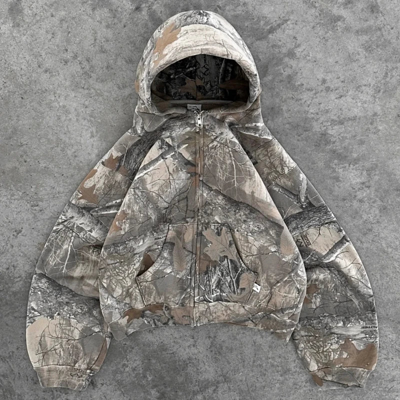 Y2K Retro Camo Hooded Zip Up